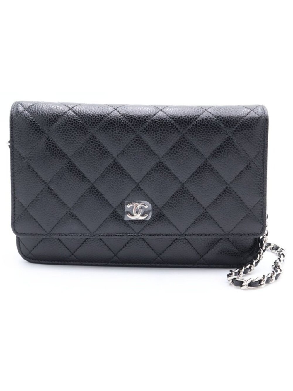 Chanel Quilted Chain Wallet Shoulder Bag Caviar Leather Silver Stand